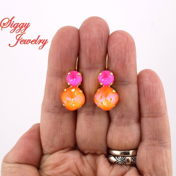 Tropical Blaze Multi Stone Earrings, 12mm Cushion Cut Neon Orange, 8mm Neon Pink - Picture 6 of 6